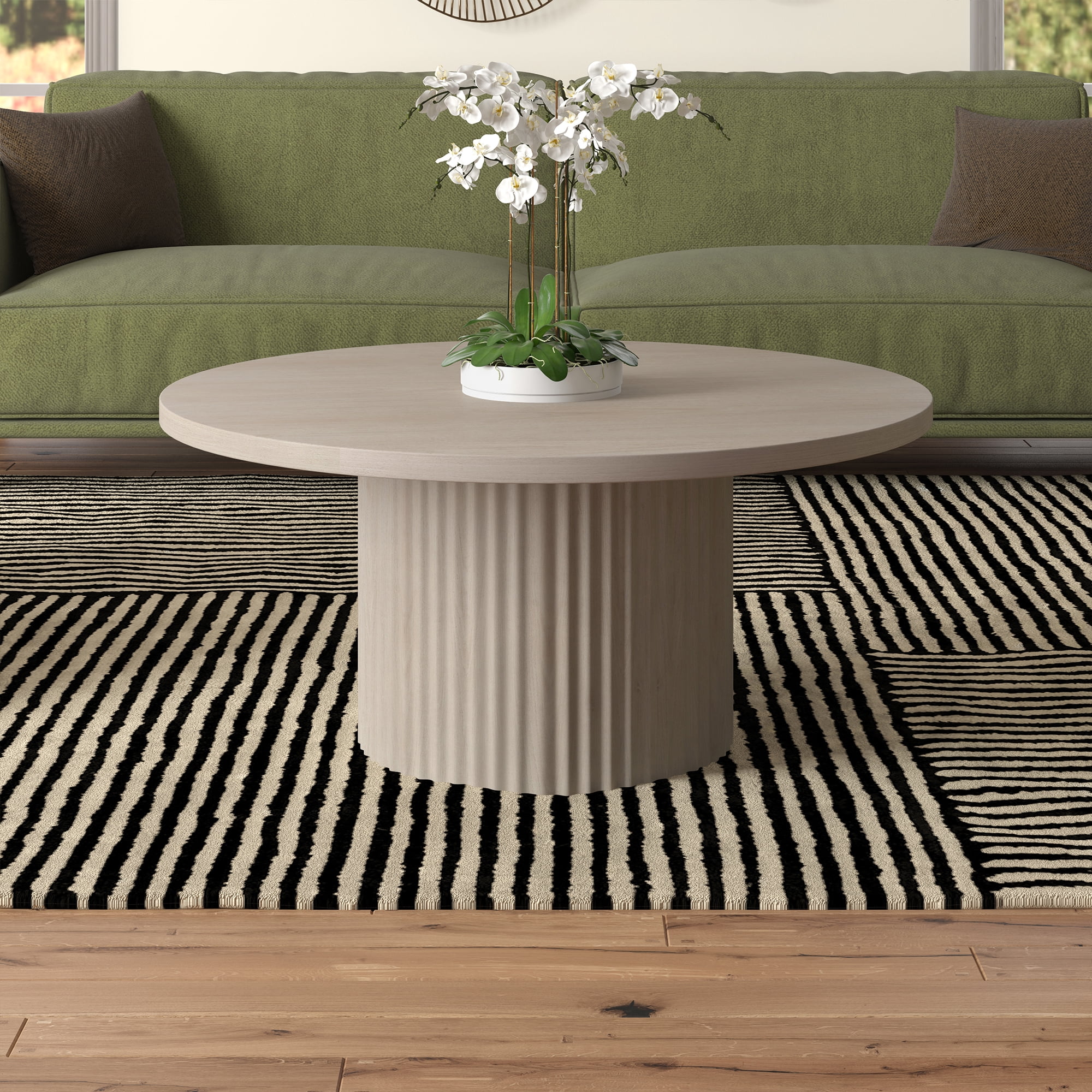 Rollan 32" Wide Round Fluted Coffee Table in Alder White
