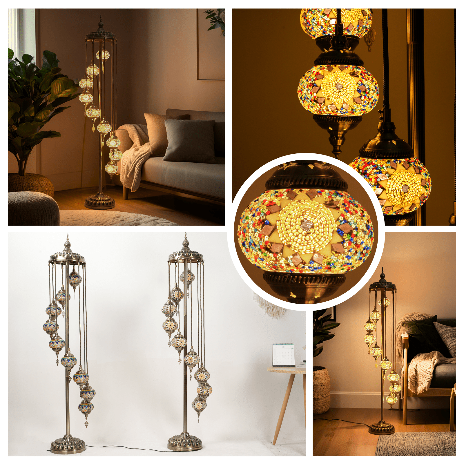 Turkish Mosaic Floor Lamp - 9 Globe Handmade Standing Lamp, 74in Height, 5.2in Globes, Decorative Moroccan Style for Home Decor, Easy Installation, On/Off Button, Included E12 Bulb
