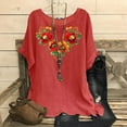 thumbnail image 2 of DDAPJ pyju Cotton Linen Tops for Women Vintage Floral Print Short Sleeve T-shirt Side Slit Round Neck Blouse Tees Lightweight Summer Blouses Daily Sales Red L, 2 of 5
