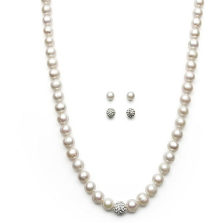 8.5-9.5mm Cultured Freshwater Pearl and Crystal Bead Sterling Silver Necklace and 2-Pair Stud Set, 18