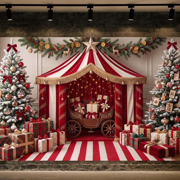 Circus Tent Christmas Backdrop, Vintage Carnival Sleigh Xmas Banner,7x5FT