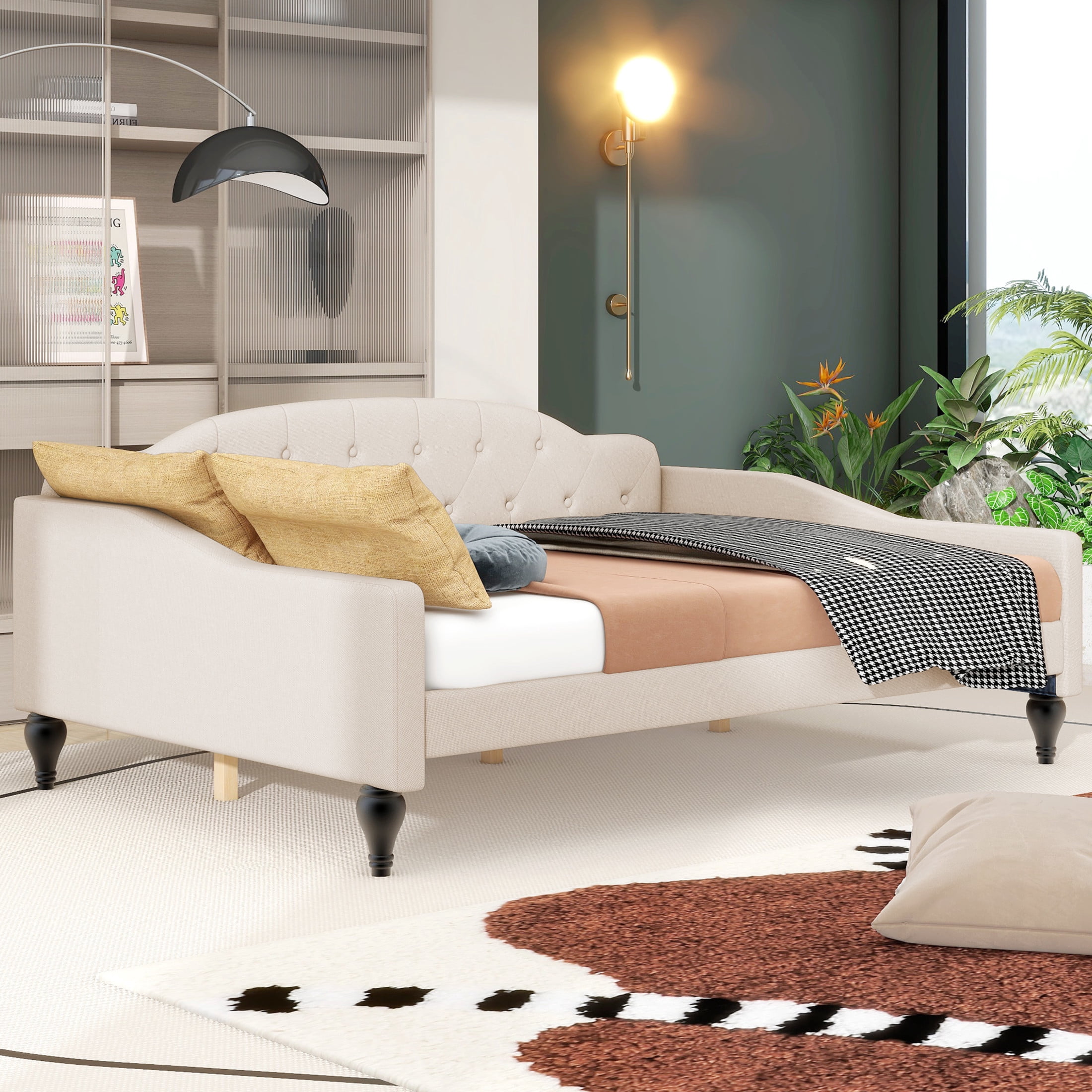 Noble House Sasy Full Size Upholstered Tufted Daybed, Linen Wingback Sofa Bed, Elegant Guest Bed, Beige