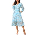 thumbnail image 2 of Vestido Boho Floral de Chiffon para Mujer con Mangas Largas, Semi Transparente, con Volantes y Capas, con Bolsillo, Azul XL, 2 of 6