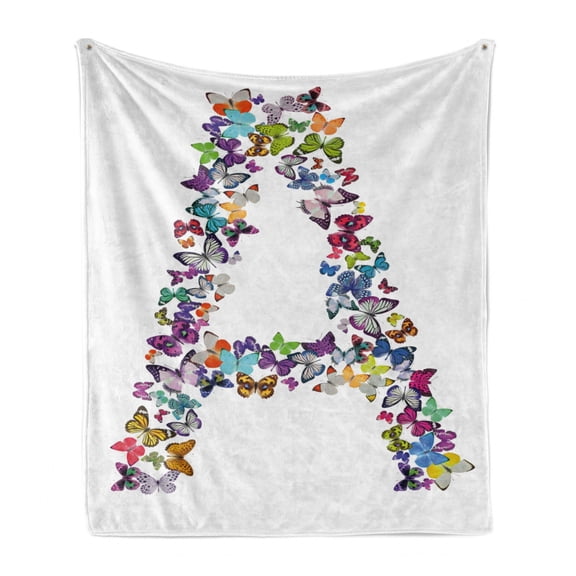 Letter a Soft Flannel Fleece Throw Blanket, First Letter of Alphabet in Butterfly Form NatureBC Multiple Colors, Cozy Plush for Indoor and Outdoor Use, 70" x 90", Multicolor, by Ambesonne