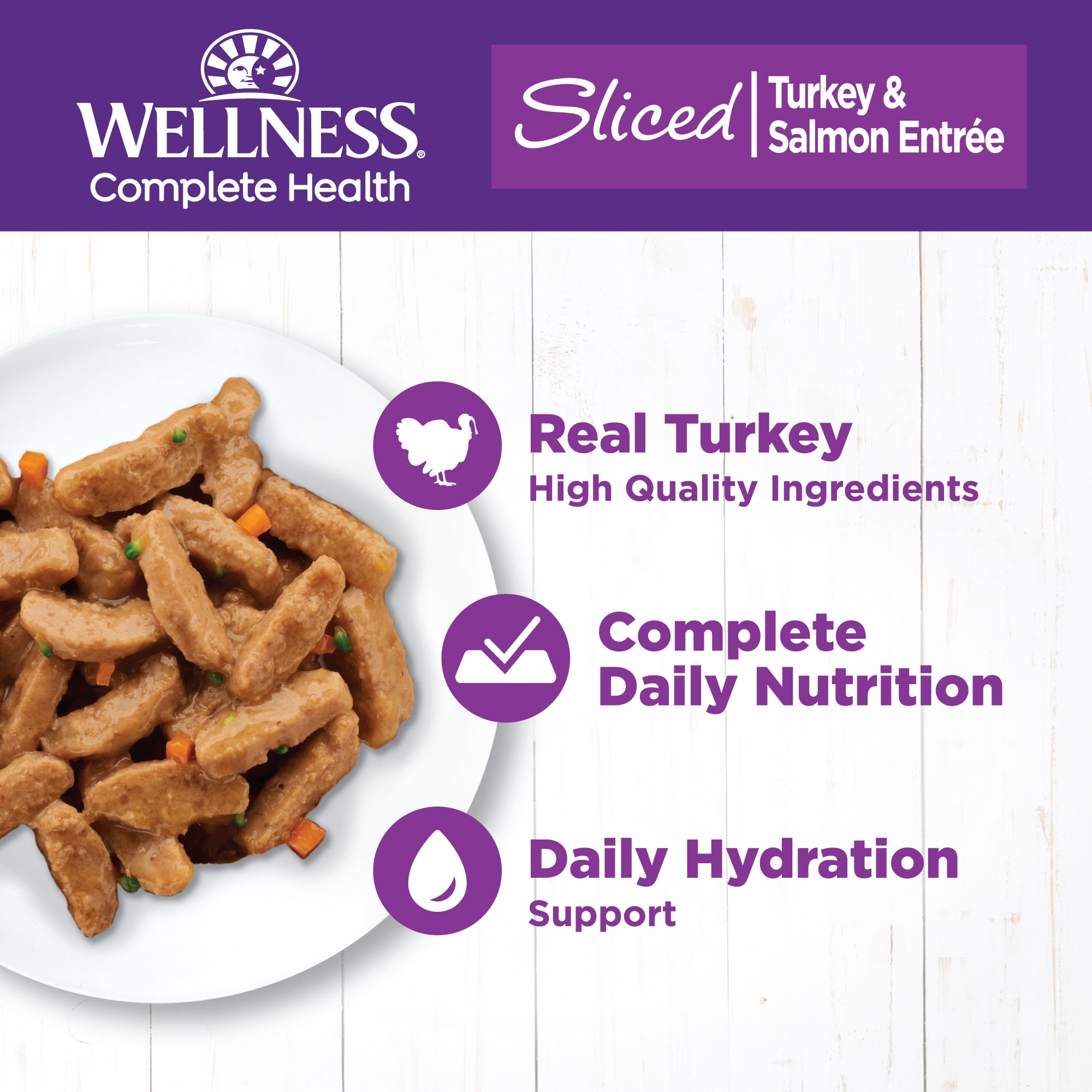Wellness Complete Health Sliced Adult Canned Wet Cat Food, Natural, Protein Rich, Grain Free, Turkey and Salmon Dinner Recipe, 5.5 oz, Pack of 24 Cans
