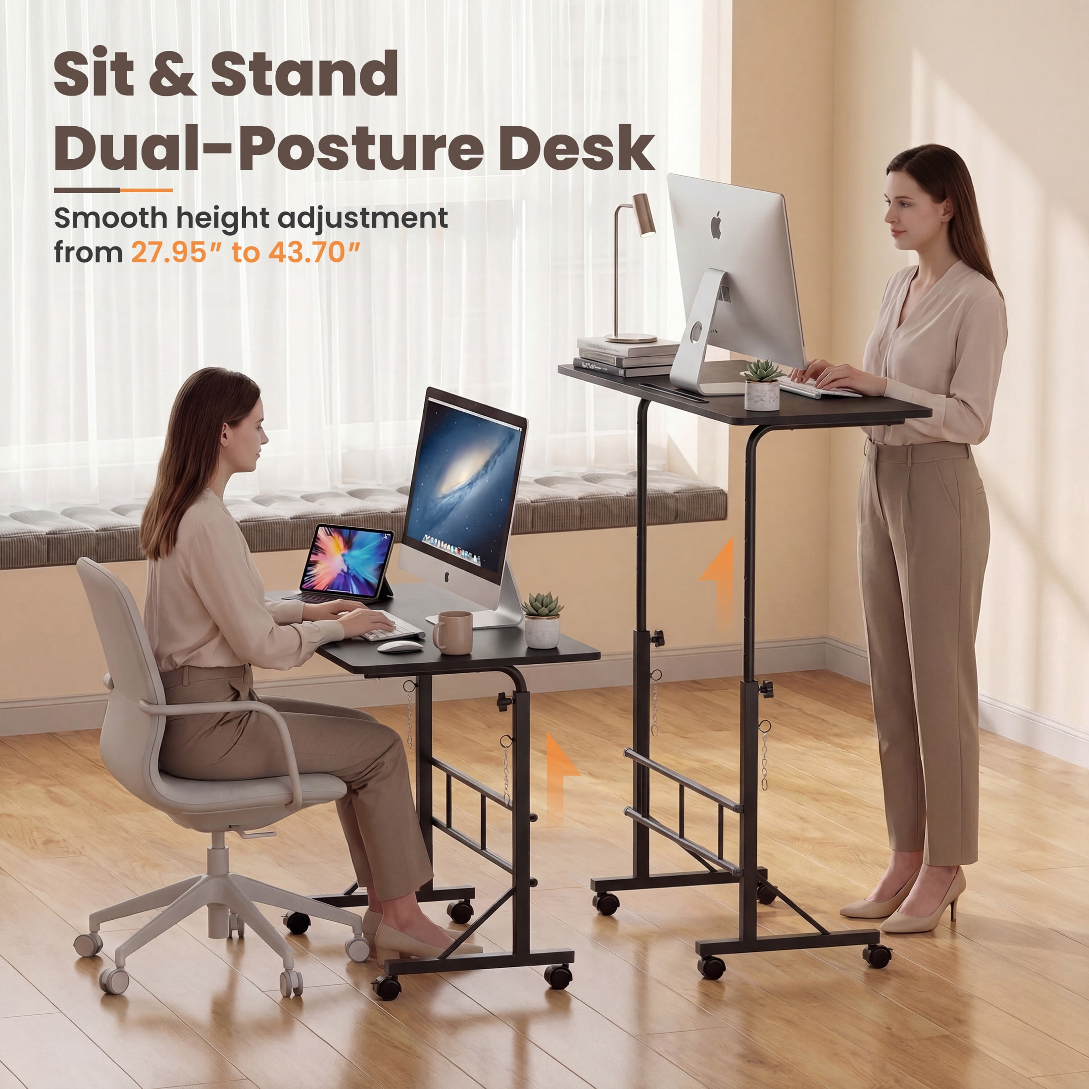 EDX Small Height Adjustable Standing Desk with Wheels, Mobile Rolling Computer Desk for Home Office, Sit Stand Laptop Desk for Walking Pad, Black