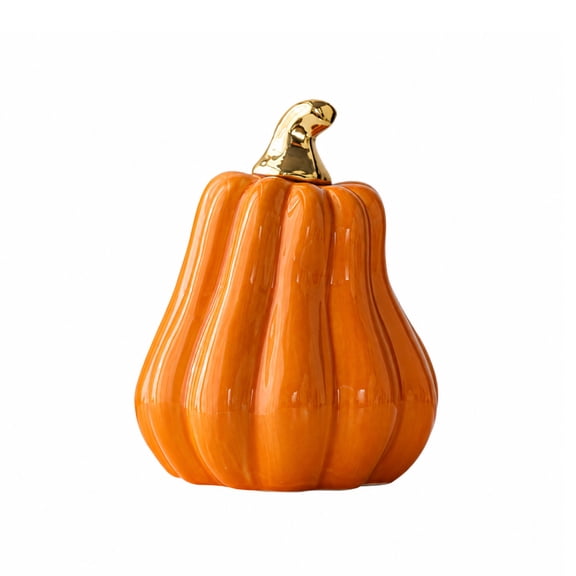 Orange Ceramic Pumpkin Decor with Gold Stem, 5.1 in Tall Fall Thanksgiving Tabletop Figurine for Mantel, Shelf & Home