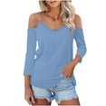 thumbnail image 4 of New Summer Oversize Shirts for Womens 3/4 Sleeve 2024 Fashion Solid Color V-Neck Pullover Strapless Tops Shirts Blouse Gifts for Womens, 4 of 7