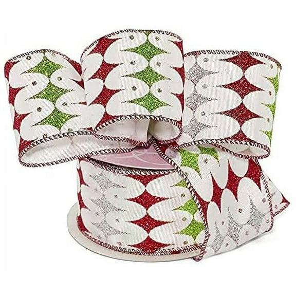 Christmas Harlequin Diamonds Wired Ribbon - 2 1/2" x 10 Yards, Red, Green & Silver Glitter Diamonds on White, Mardi Gras, Wreath