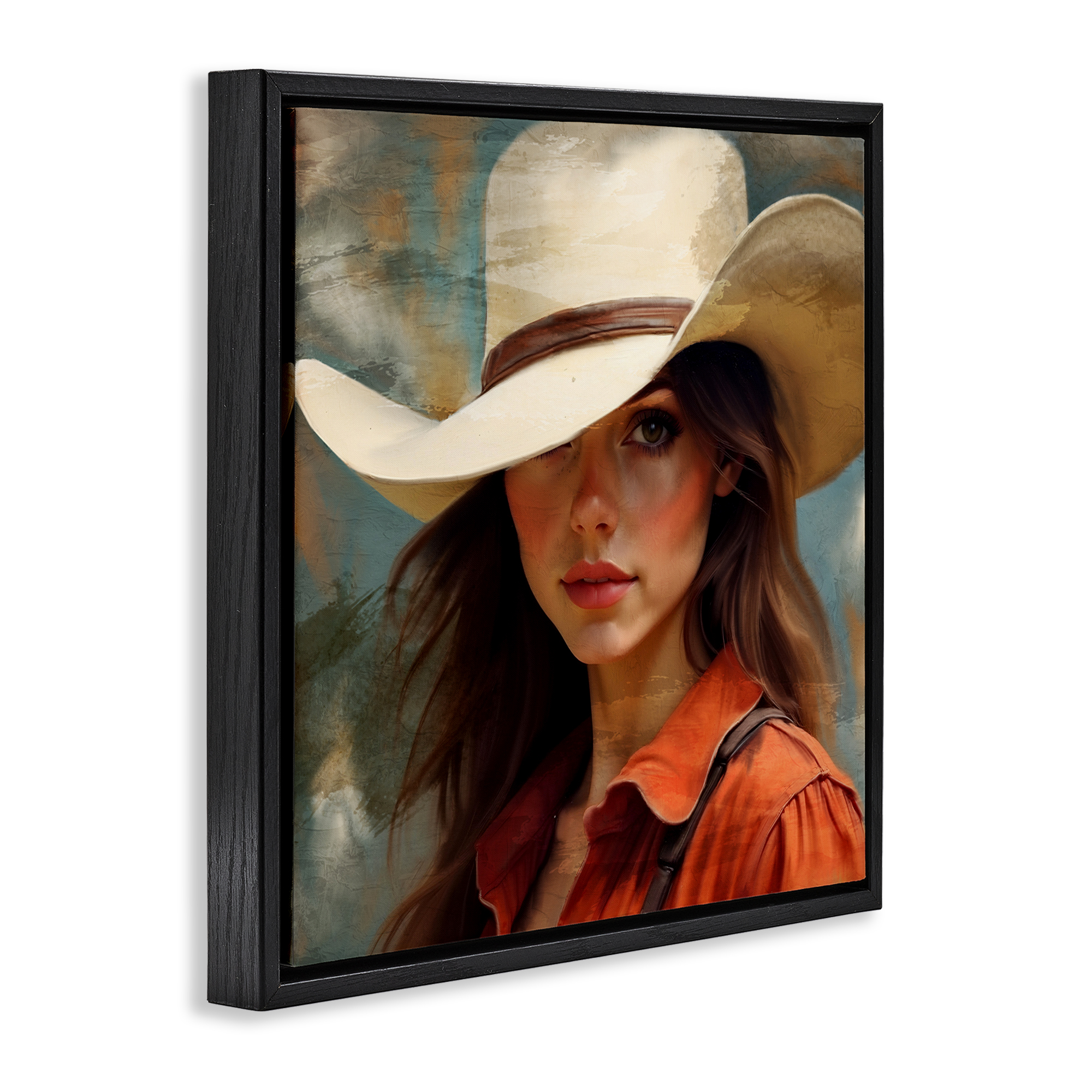 Cowgirl Gaze Beneath Hat Black Framed Floater Canvas Wall Art, design by Kim Allen