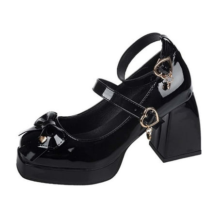 

KIJBLAE Women s Platform Mary Jane Shoes Chunky Heels Bowknot Decor Pumps Buckle Strap Lolita Shoes Retro Sweet Kawaii Girls Party School Shoes Black 39