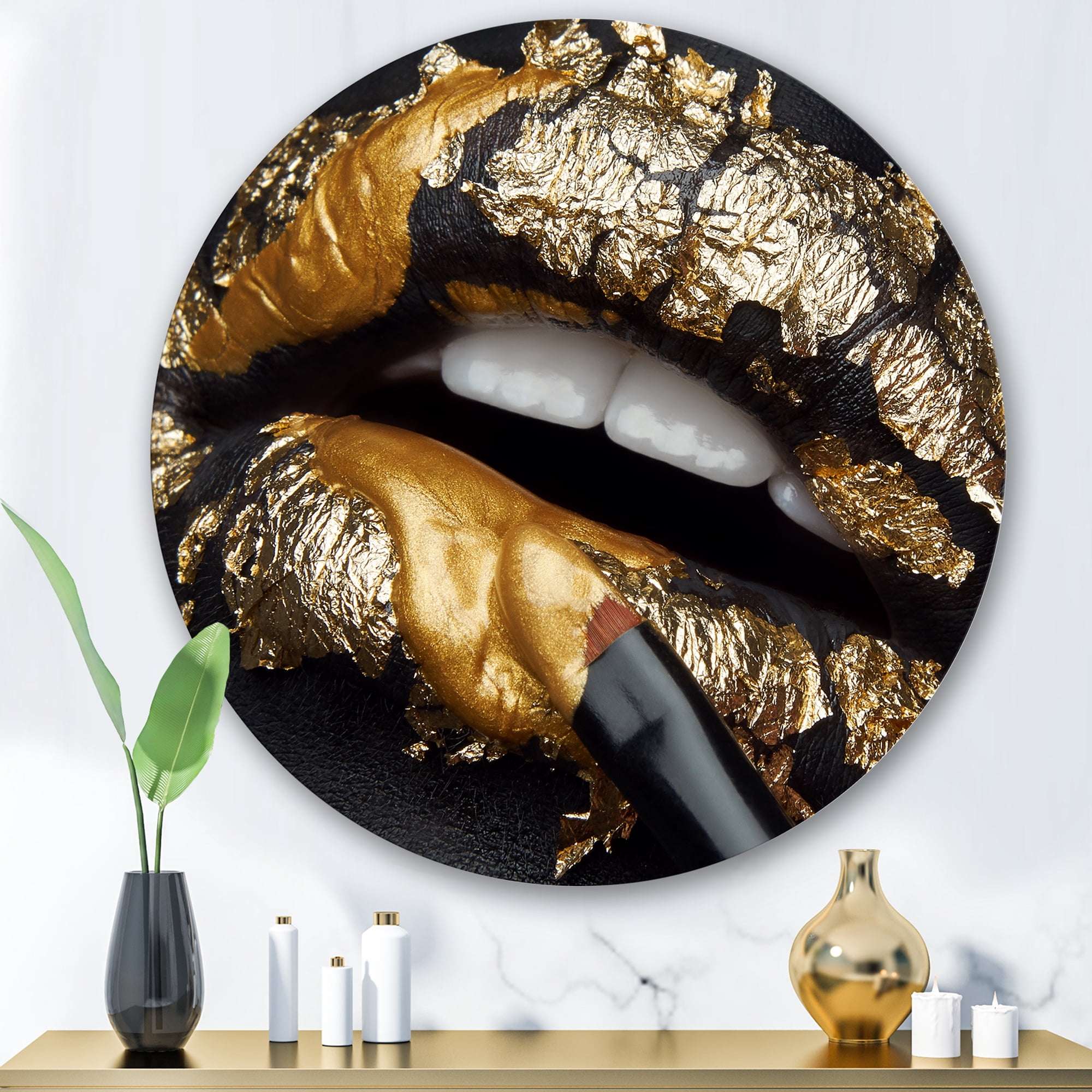 Designart 'Female Lips With Black Leather and Gold Foil' Modern Circle Metal Wall Art 29x29 - Disc of 29