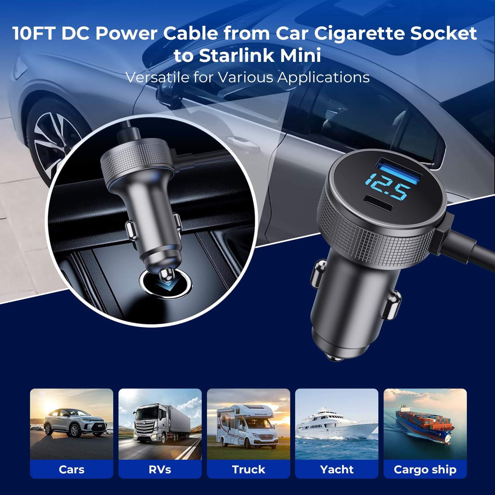 Starlink Mini Cable, 3 in 1 Starlink Mini DC Power Cable Car Charger  and Cigarette Lighter Adapter 12V-48V with Digital Display,  USB-C and USB-A Ports for Trucks and Cars, 10FT Cable