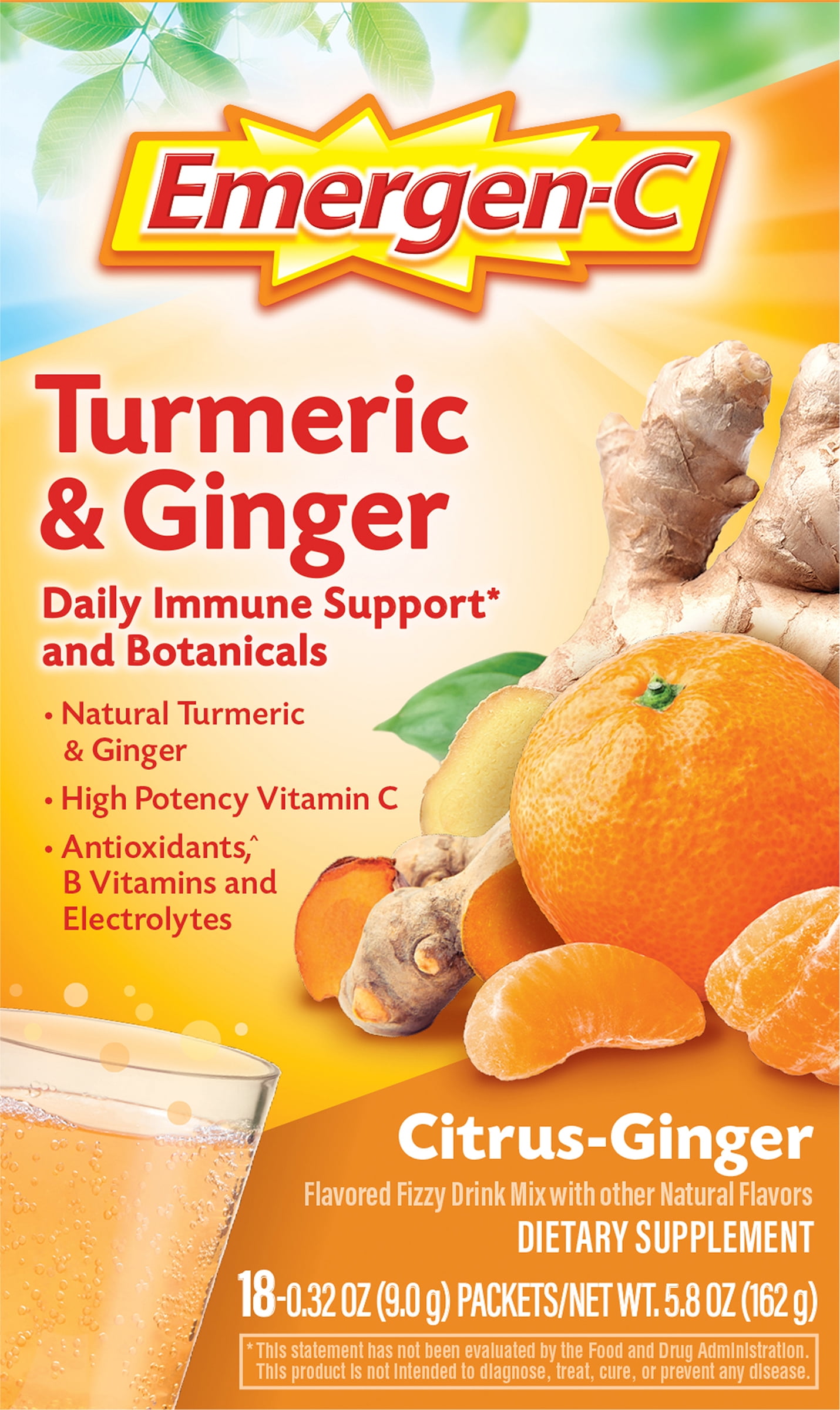 Emergen-C Citrus-Ginger Fizzy Drink Mix, Turmeric and Ginger, Immune Support, Natural Flavors With High Potency Vitamin C, 18 Count