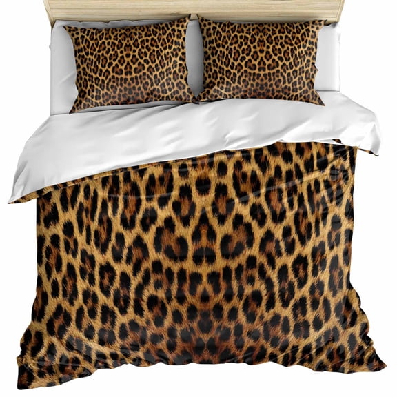 Brown Leopard Print Bedding 3 Piece Duvet Cover Set Twin Size, Classic Abstract Animal Patterned Soft Microfiber Comforter Cover with Zipper Closure & Pillowcases, Wrinkle & FadeResistant Quilt Cover