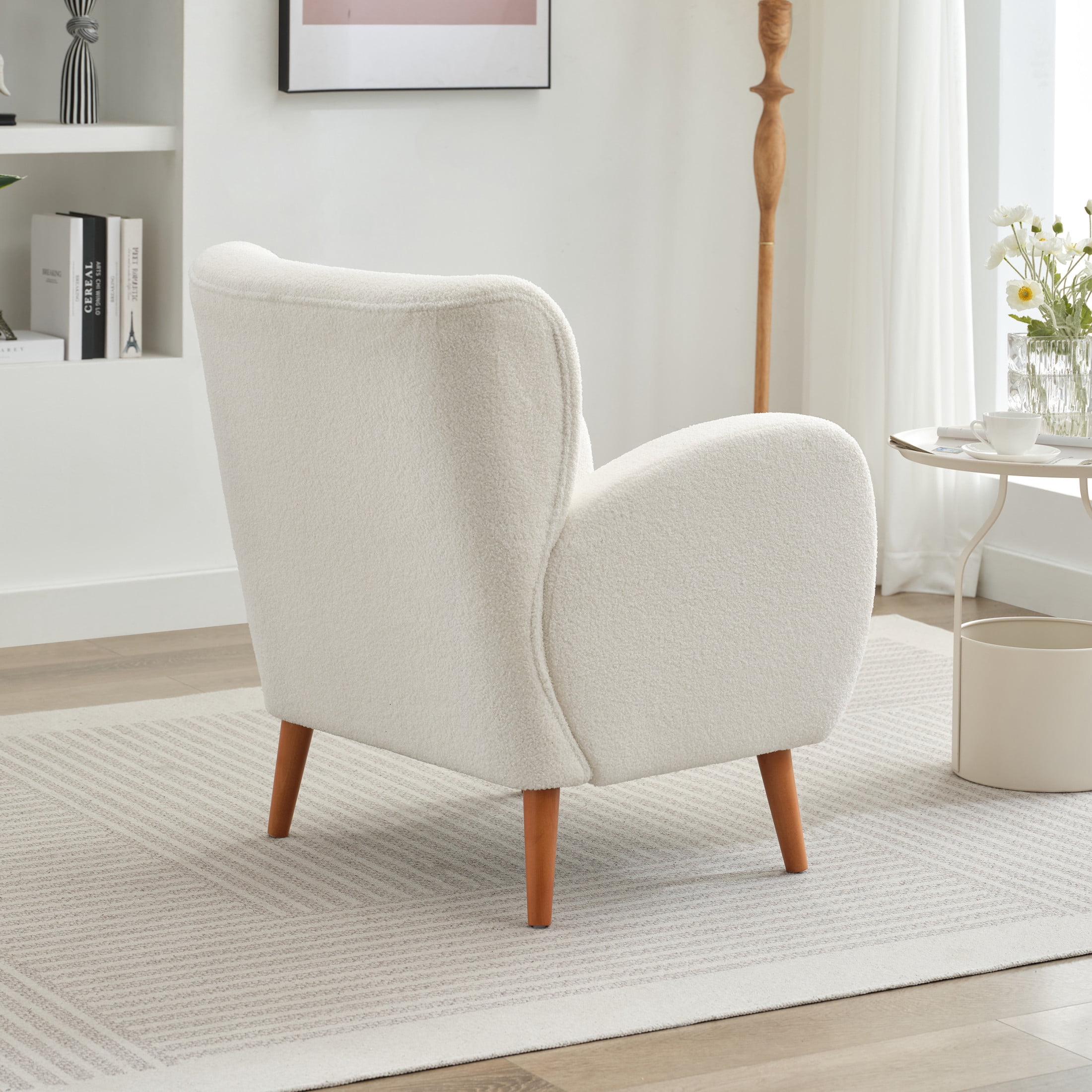 Modern Wingback Lounge Chair with Soft Fabric & Solid Wood Legs, Beige