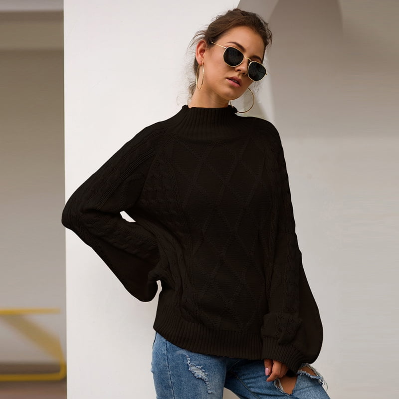 Anself - Women Sweater Solid Color Checked Patterns Turtleneck Puff ...