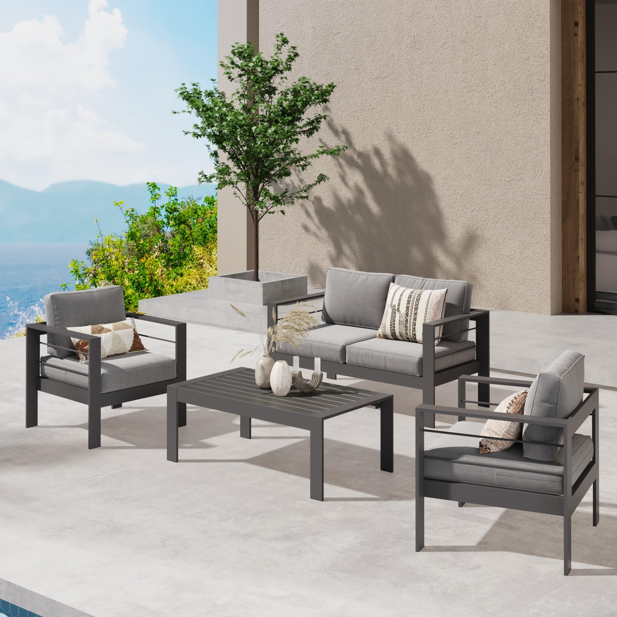 RoyalCraft 4 Piece Aluminum Sectional Outdoor Conversation Sets with Sofa and Table, Grey/Grey