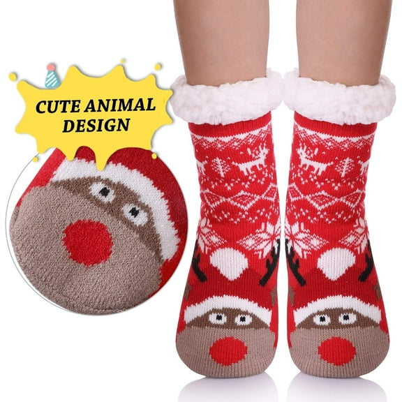 Minzimin Kids Boys Girls Slipper Socks Cute Animal Fuzzy Winter Warm Fleece Lining Christmas Socks With Grippers