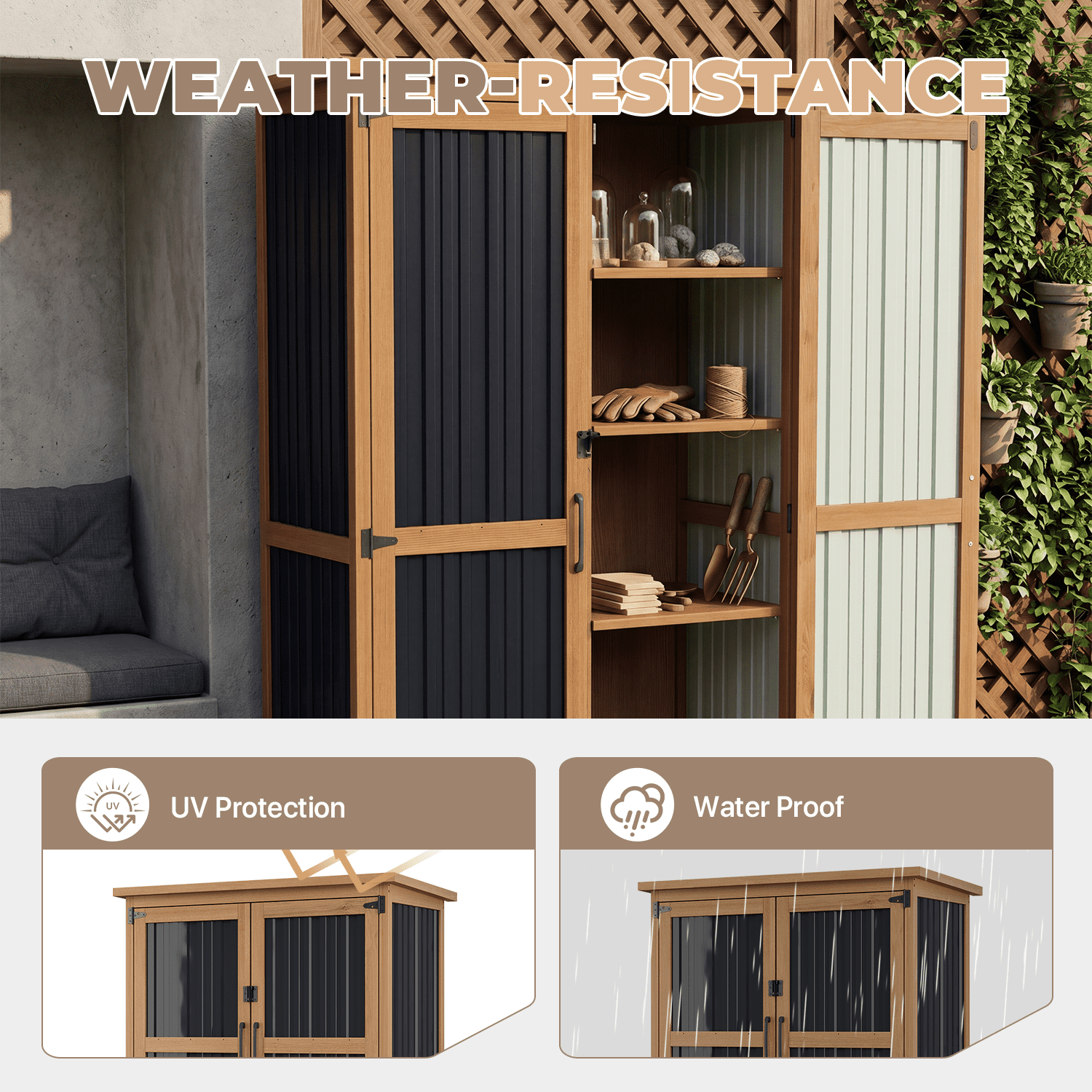 BaPiPro Outdoor Storage Cabinet, 2.6'x1.1' Tall Wood Storage Shed with Lockable Doors, Waterproof Garden Tool Cabinet with Removable Shelves for Patio, Backyard
