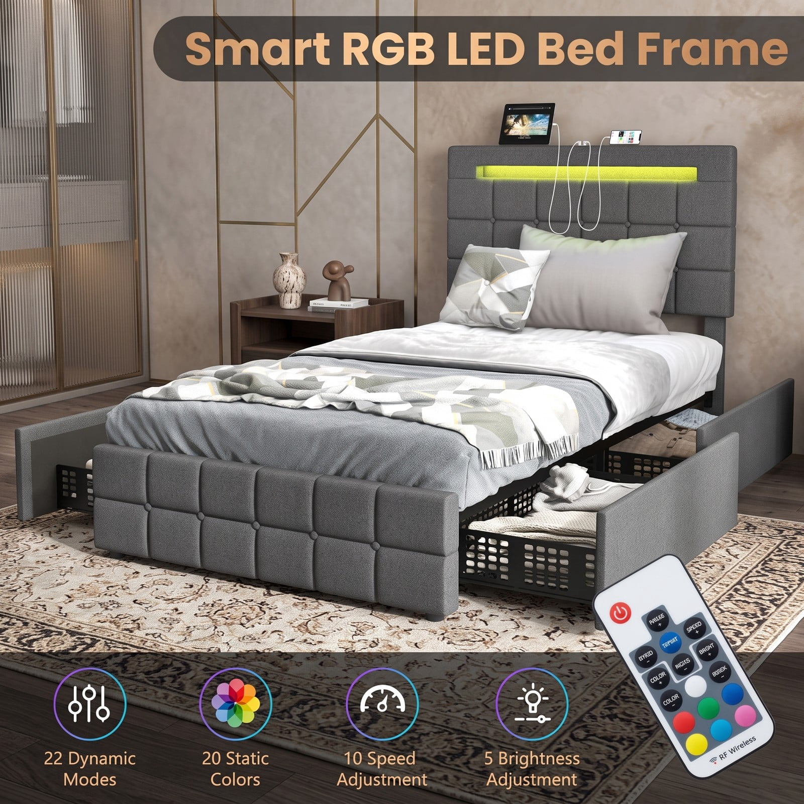 Furnibear Twin Bed Frame, Upholstered Bed Frame with LED Lights and Storage Drawers, Twin Platform Bed with Tufted Headboard for Bedroom, Gray