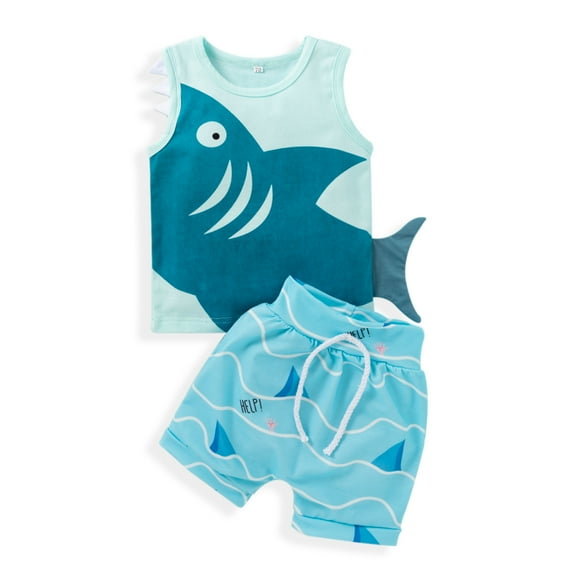 Fesfesfes Summer Baby Boys Clothes Set Cartoon Shark Print Sleeveless T-shirt Tops Shorts