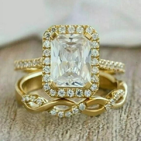 2.6Ct Emerald Cut Lab-Created Diamond Bridal Set Engagement Ring 14K Yellow Gold Plated Silver