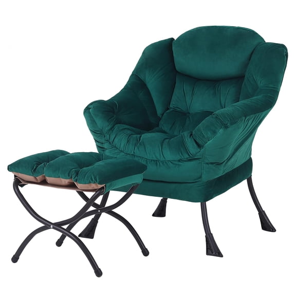 Welnow Velvet Dark Green Lazy Chair with Ottoman, Thick Cushioned Reading