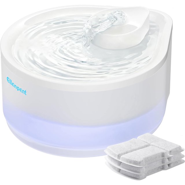 Fuente de agua para gatos Ellenpent, 2,5 L, silenciosa, diseño LED en forma de gota