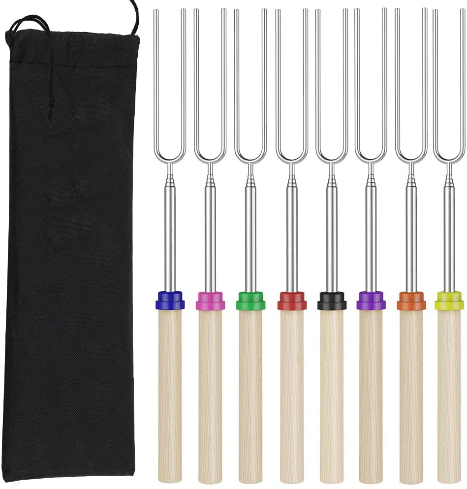 McoMce 8 Pack Roasting Sticks Marshmallow Sticks with Wooden Handle Extendable Forks Smores Sticks for Fire Pit 32 Inches Marshmallow Roasting Sticks Smores Sticks Hot Dog Sticks for Campfire 