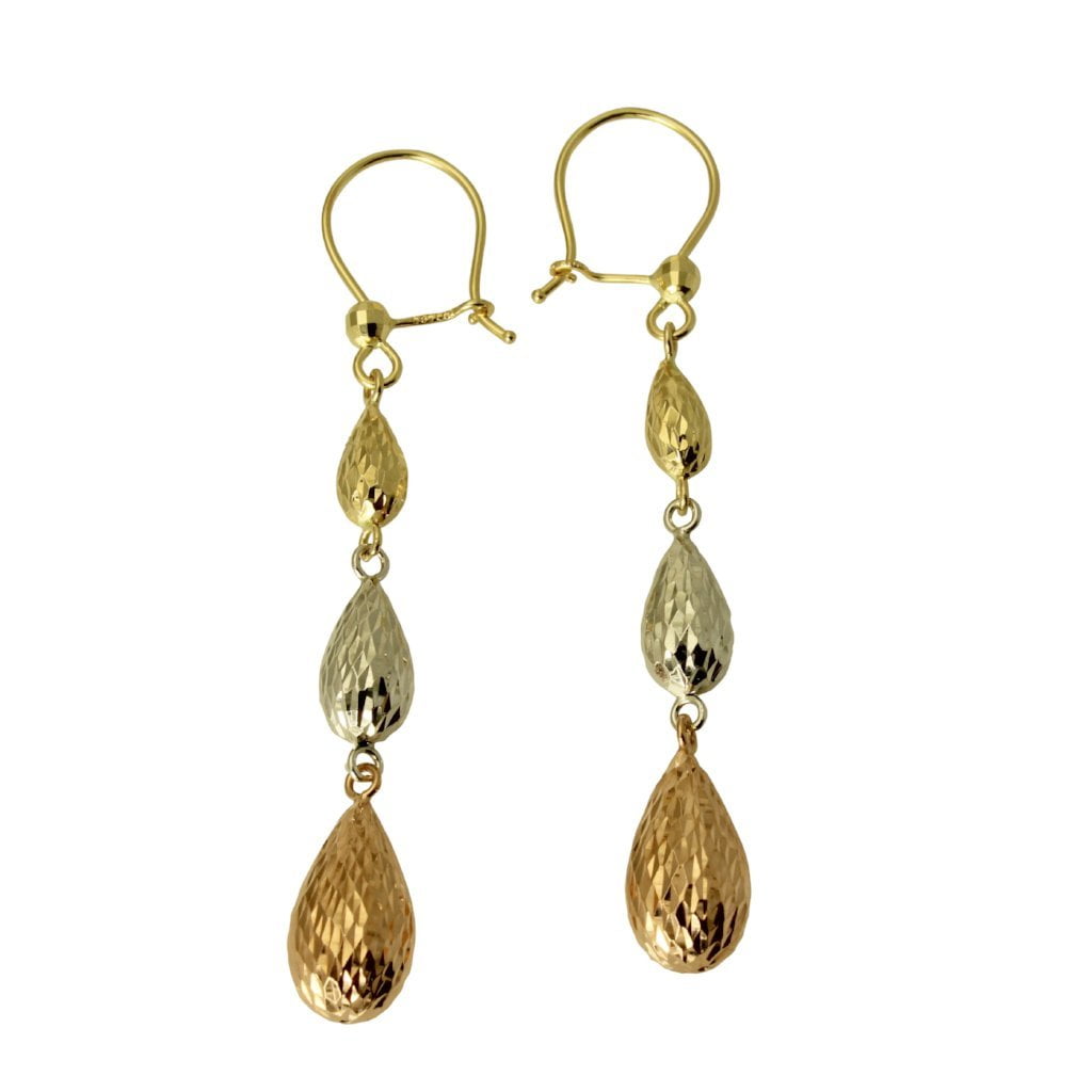 14K Real Yellow White Rose 3 Color Gold Tear Drop Dangle Hanging Earrings