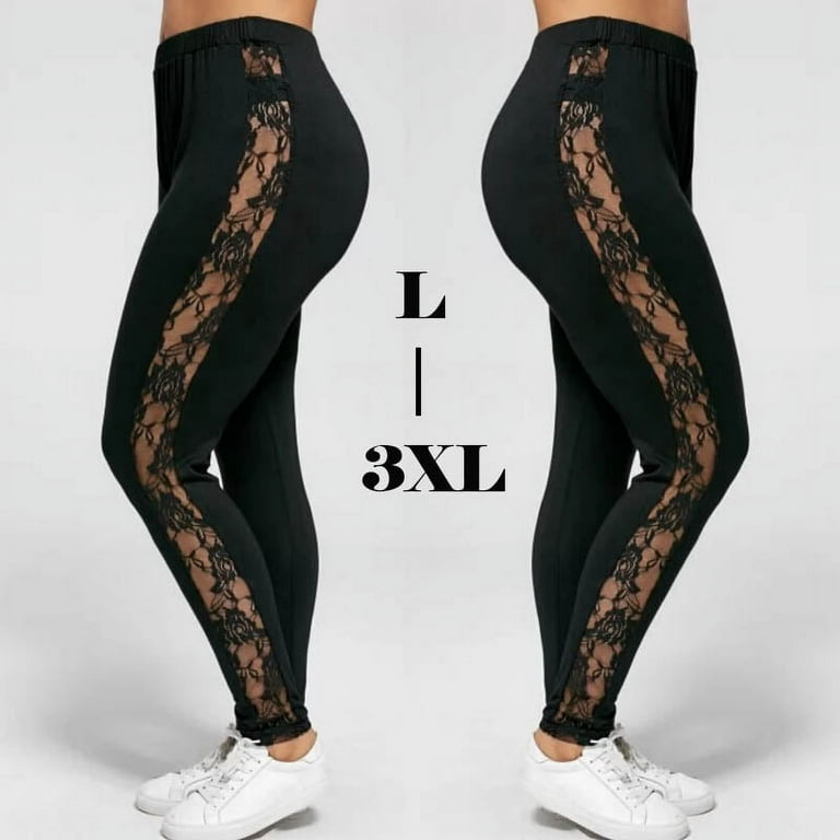 Women Mesh Hollow Lace Insert Sheer Leggings Mid Elastic Waist Sexy Pencil  Pants Yoga Sports Exercise Clothes Plus Size 