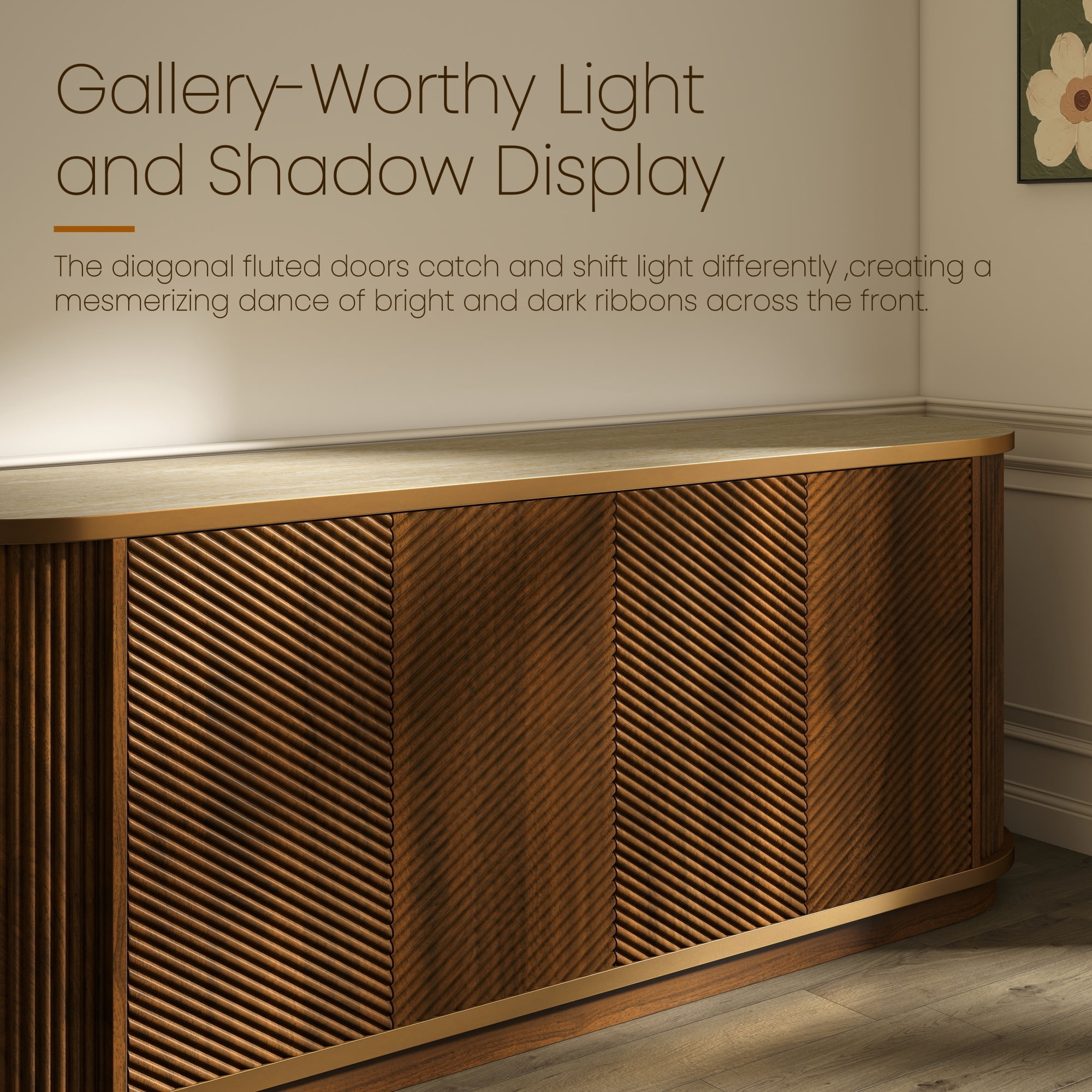 Leumius 63" Diagonal Fluted Sideboard Cabinet with Storage, 4-Door Walnut Buffet Credenza TV Stand with Gold Trim, Modern Cabinet for Dining Room, Living Room,Walnut