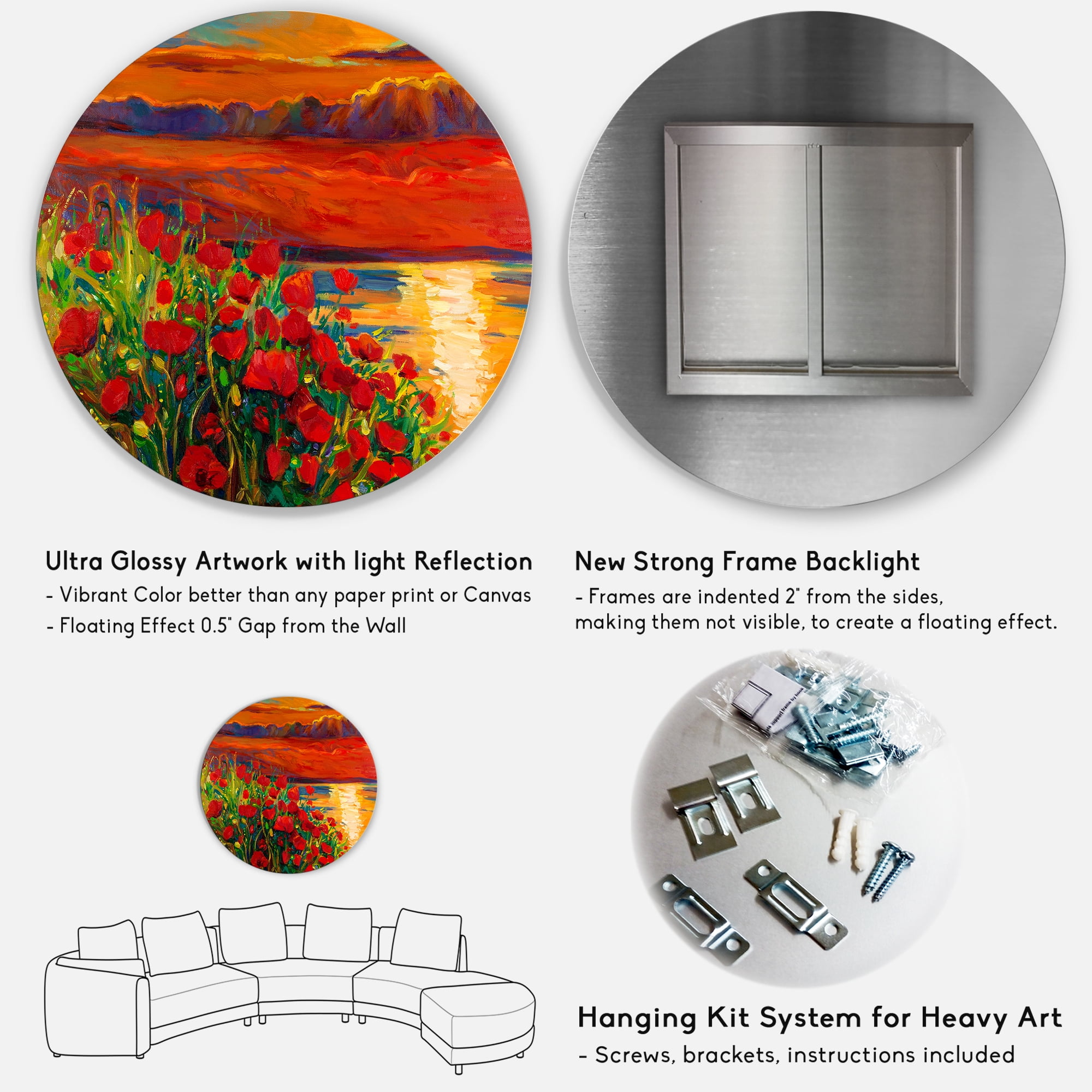 Designart 'Red Poppies By The Ocean During Evening Glow' Nautical & Coastal Circle Metal Wall Art 11x11 - Disc of 11