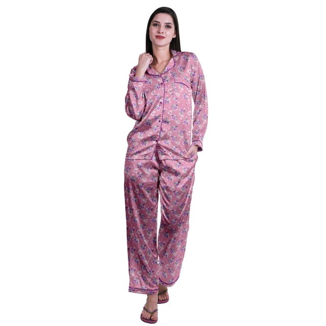 Moomaya Long Sleeve Shorts Pajama Set For Women Satin Button Pajamas For Women