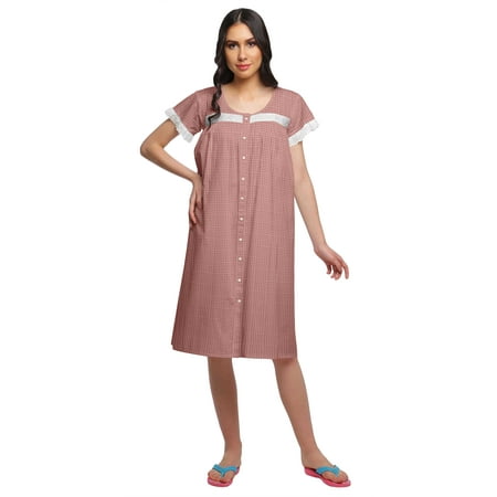 

Moomaya Printed Cotton Lace Border Sleepwear Women Short Sleeve Nightdress