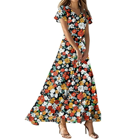 American Flag  Wedding Guest Easter Dresses Chiffon Floral Short Sleeve Ruffle V Neck Flowy Maxi Dress Women Shirts Shoes For Dressy Casual Short 2025 Formal Sundresses Casual (M  Light blue) ZMTing