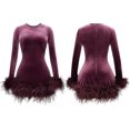 thumbnail image 6 of Women's Feather Party Coctail Dress Faux Fur Trim Elegant Long Sleeve Bodycon Mini Dress Evening Club Wear, 6 of 7