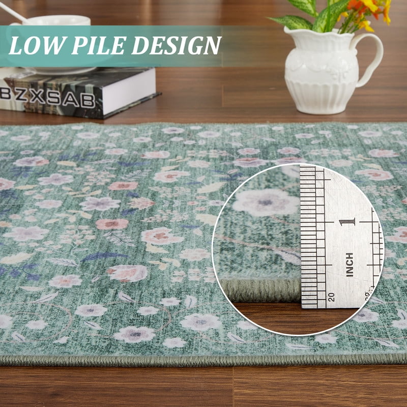 Area Rugs 9'x12' Washable Floral Rugs for Living Room Non Slip Low Pile Carpet for Office Bedroom Kids Room Bedside Green