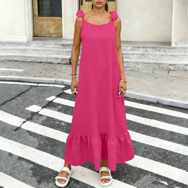 TaTaai Women's Spring Summer Solid Color Round Neck Sleeveless Backless Lace-Up Dress Casual Elegant Long Dress Gift