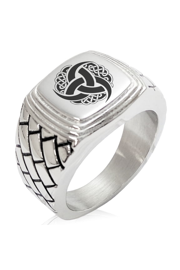 Stainless Steel Triskelion Odin's Horn Knot Viking Geometric Pattern Step-Down Biker Style Polished Ring