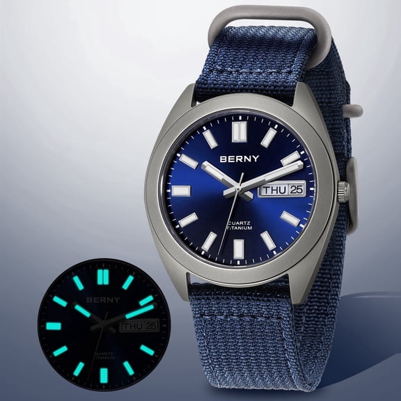 BERNY Titanium Watches for Men, Japanese Quartz Movement Men's Field Watch with Canvas Strap, 10ATM Waterproof Military Wristwatch, Analog Sport Watches, Blue