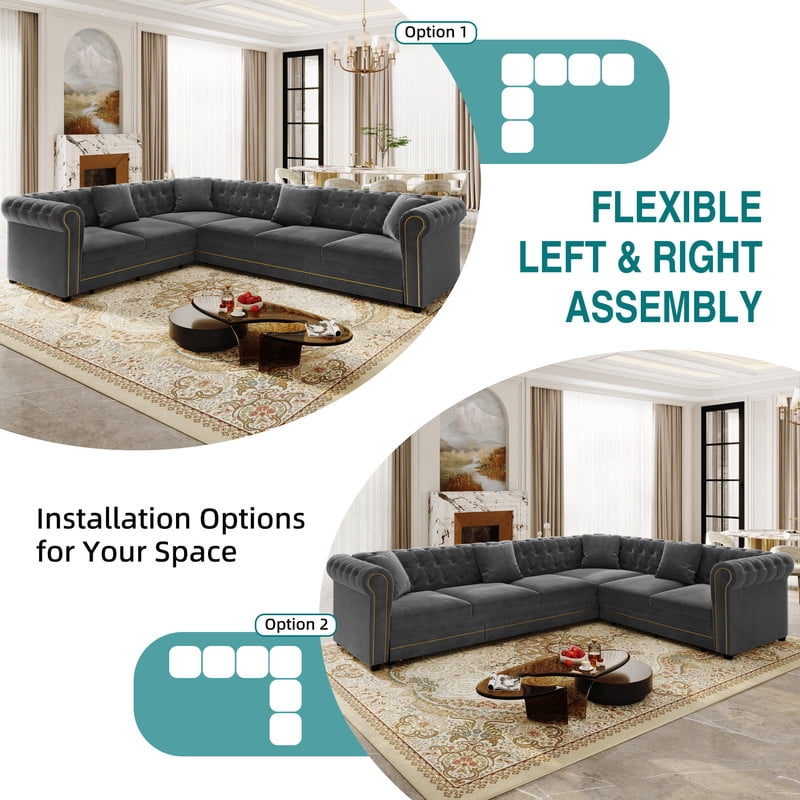 115.3" L-Shaped Sleeper Sofa with Pull-Out Bed, Velvet Sectional Couch with Gold Trim Rolled Arms, Chesterfield Tufted Convertible Sofa Bed with Deep Seats and Throw Pillows for Living Room