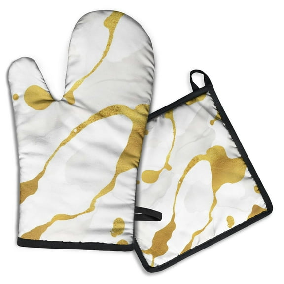 Gold and White Marble Kitchen Oven Mitt and Pot Holder Sets 2 Pcs for Baking, Cooking and Grilling, Heat Resistant Up To 392 °F