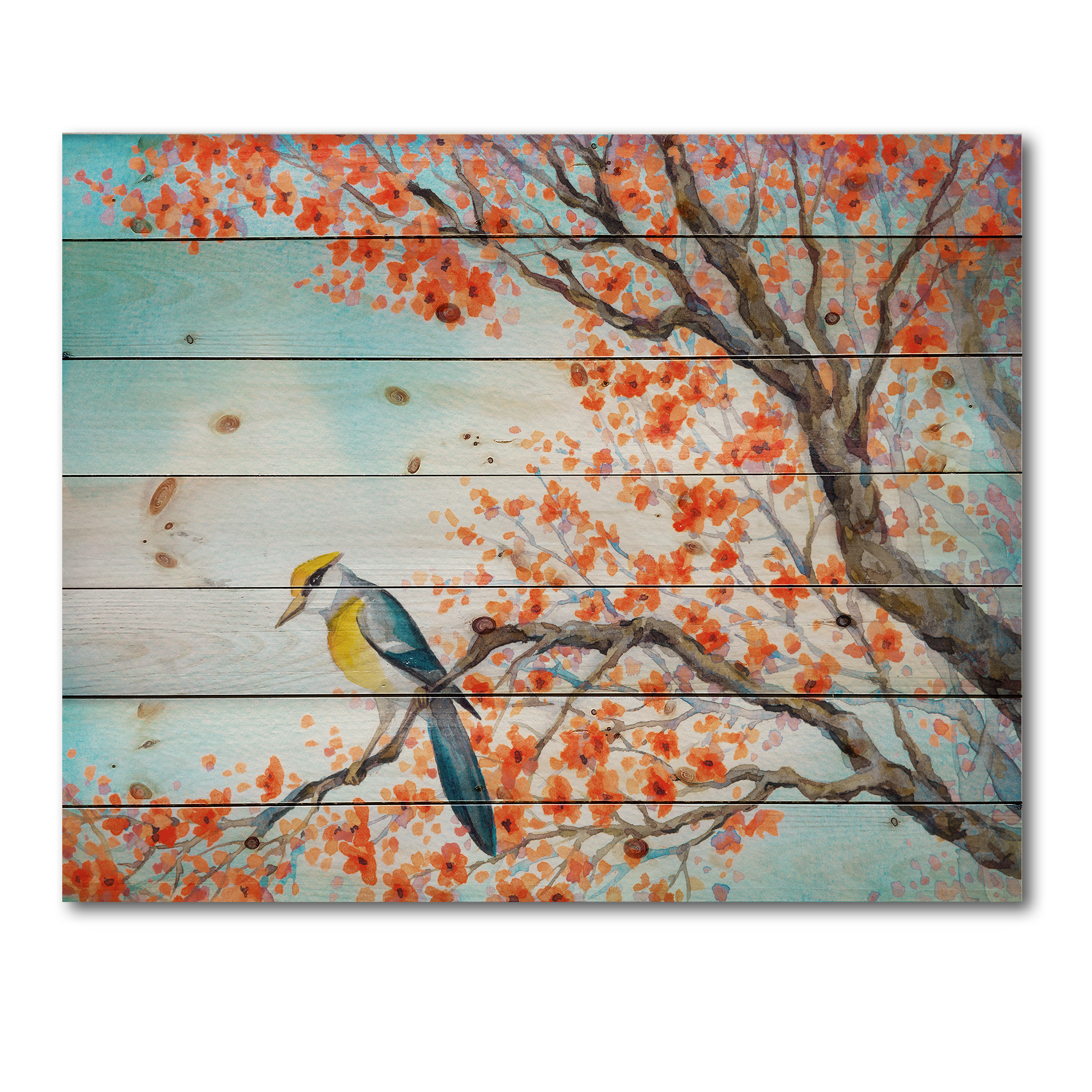 Designart 'Beautiful Orange Bird Sitting On Flowering Branch' Traditional Print on Natural Pine Wood