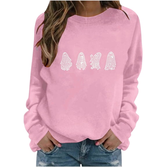 Ozmmyan Womens Halloween Crewneck Sweatshirt Pink Ghost Graphic Print Long Sleeve Pullover Casual Fall Top