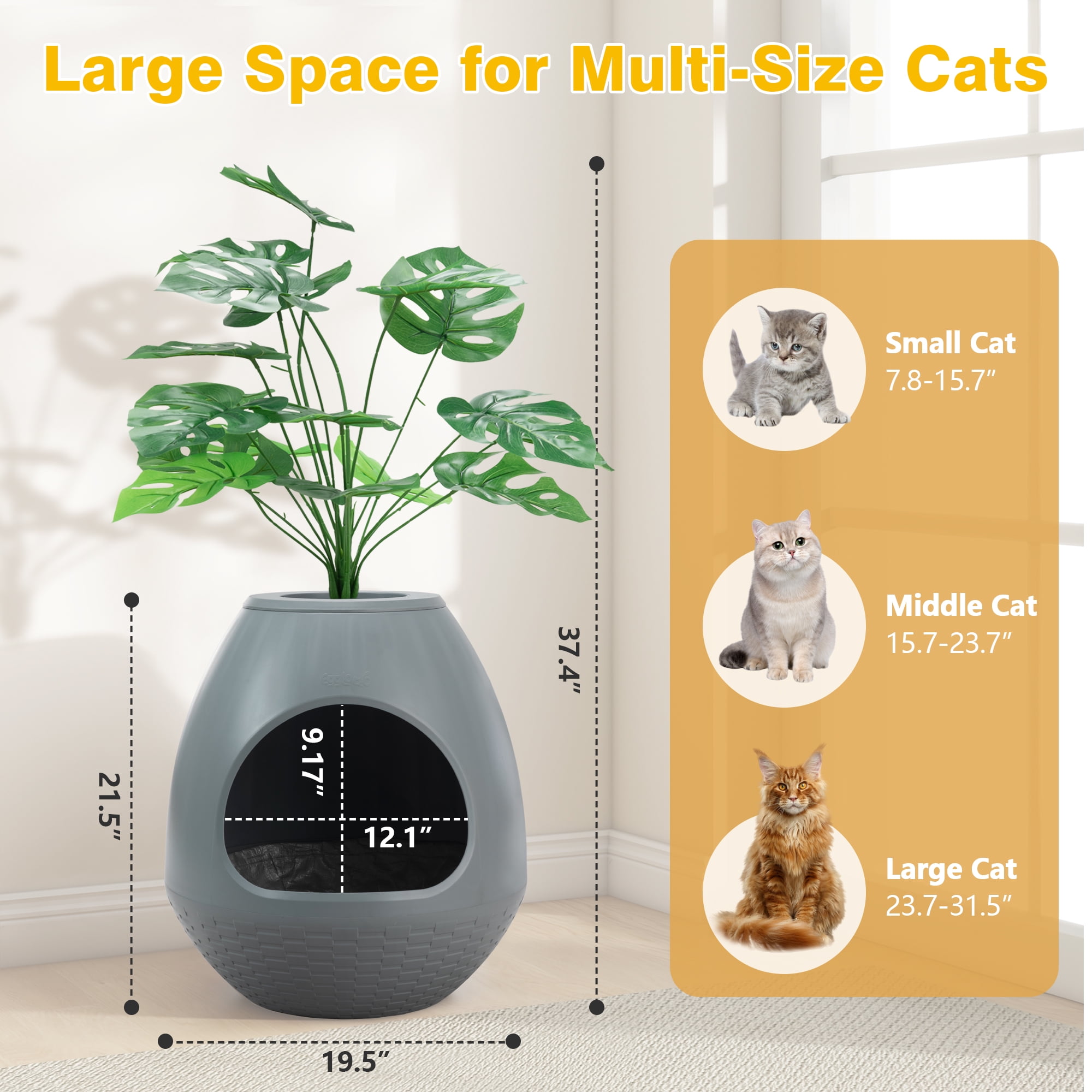 Jaxpety Smart Plant Cat Litter Box,Hidden Cat Litter Box with Deodorization System, Exhaust Fan,Light, Scoop, Artificial Plants for Apartments and Offices Living Room Bedroom