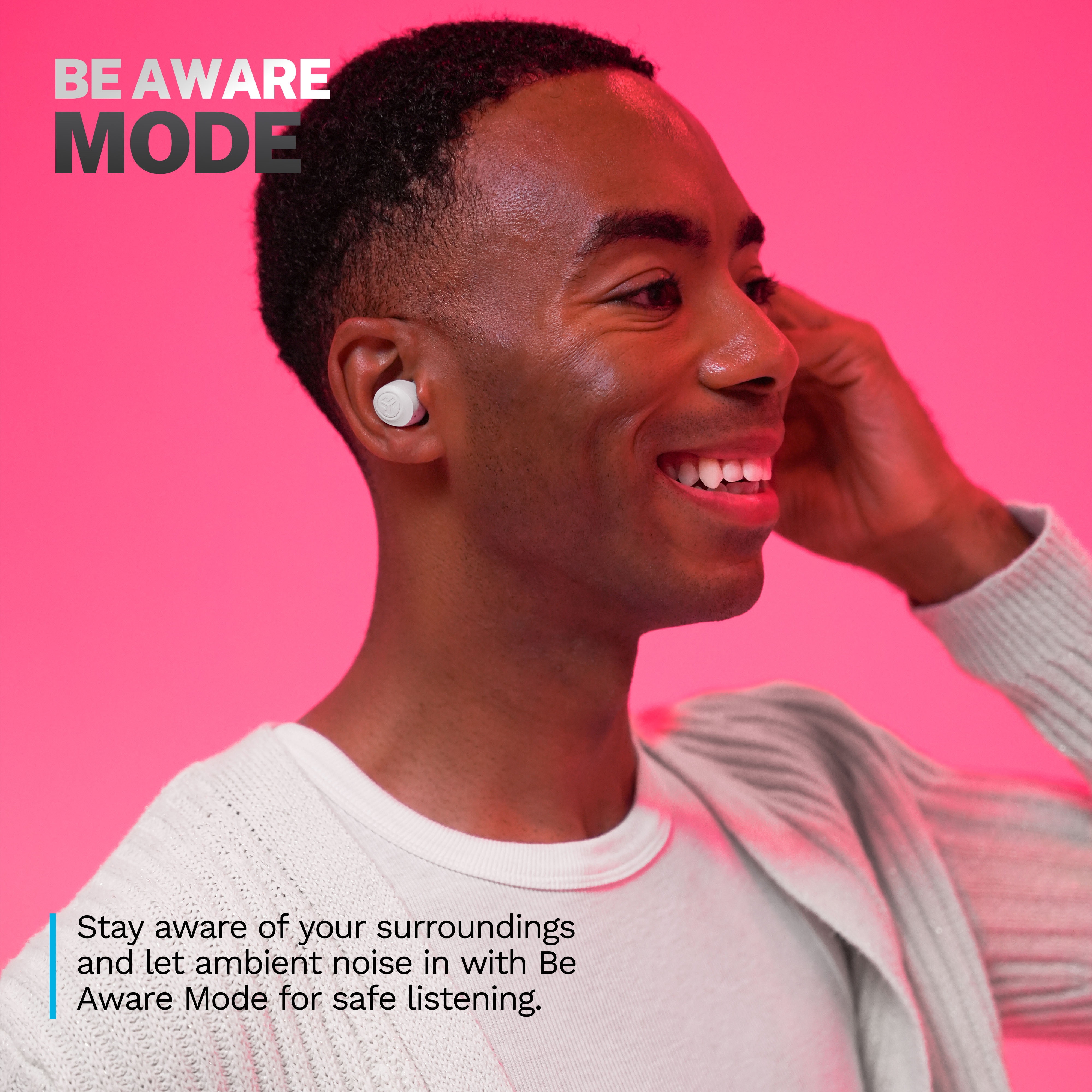 JLab Go Pop+ True Wireless Earbuds, Cloud White, Bluetooth 5.3, Dual Connect, IPX4, Be Aware Mode, Custom Sound & Controls via App