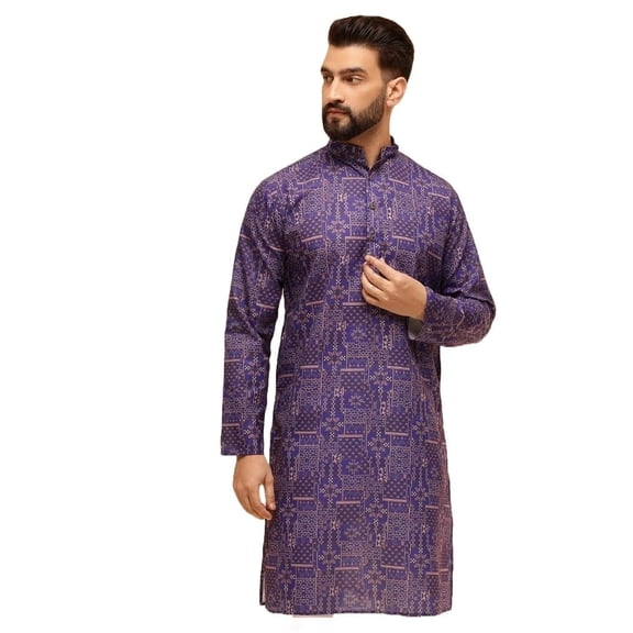 Sojanya (Since 1958) Men'S Cotton Linen Geometric Printed Purple Only Long Kurta