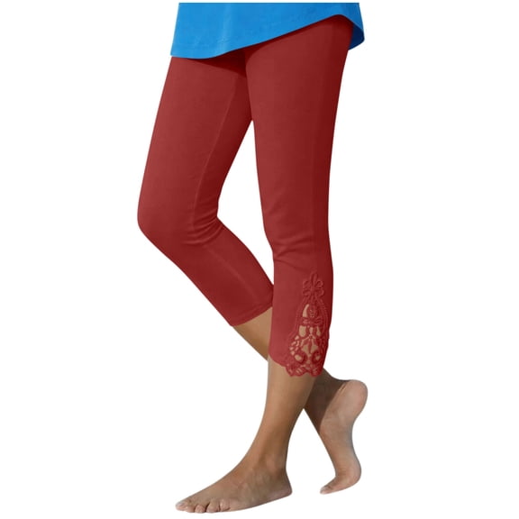 Khunlpohl Womens Capris Pants Elastic Waist Lace Casual Leggings Bottoms Fashion Solid Color Capri Pant